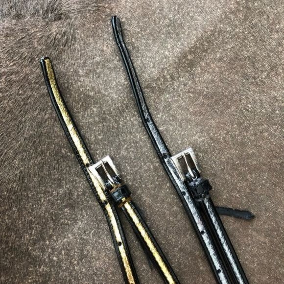 PRADA Gold Patent Leather Button Tab Switch Back Skinny Belt - Picture 6 of 10